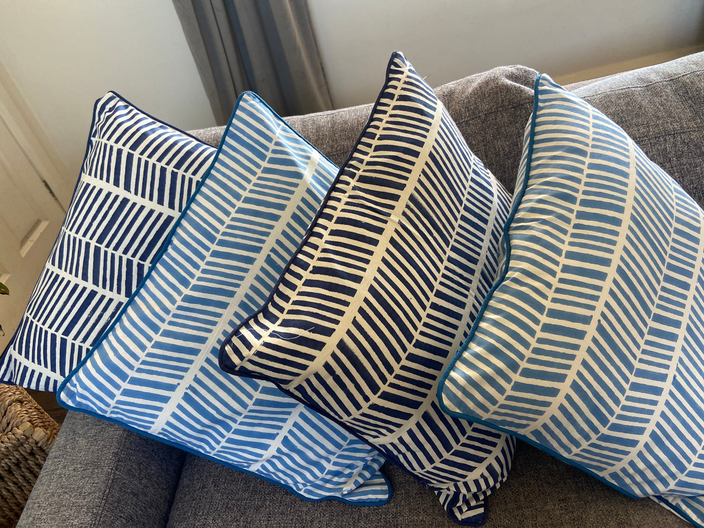 Herringbone Navy Blue Piping Cushions Covers (50X 50cm)