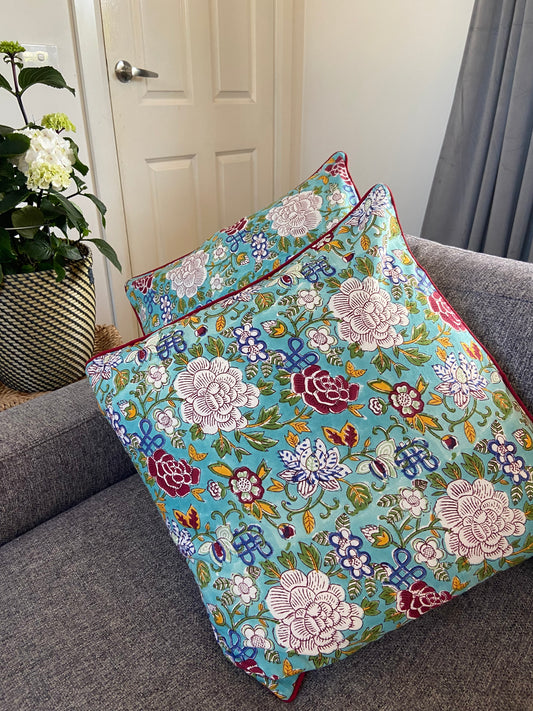 Floral Canvas Blue Jade Piping Cushions Covers (50X 50cm)