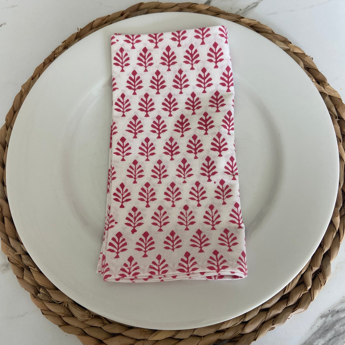 Block Printed Cotton Napkin Mini Tree Raspberry