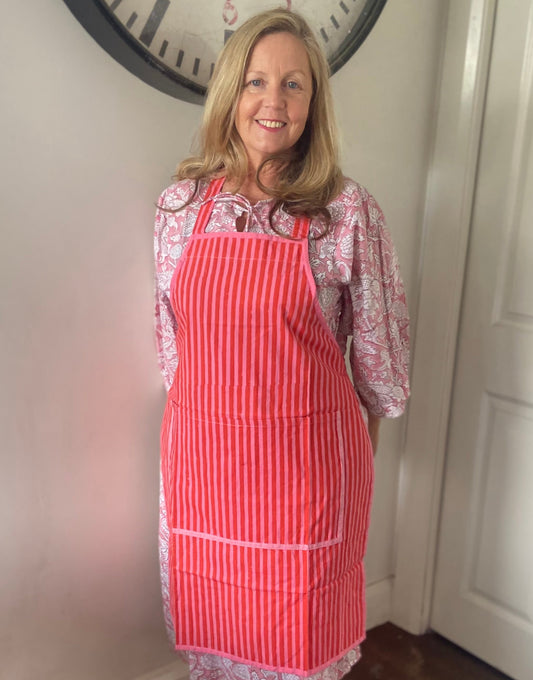 Apron Red and Pink stripe Block Printed Cotton