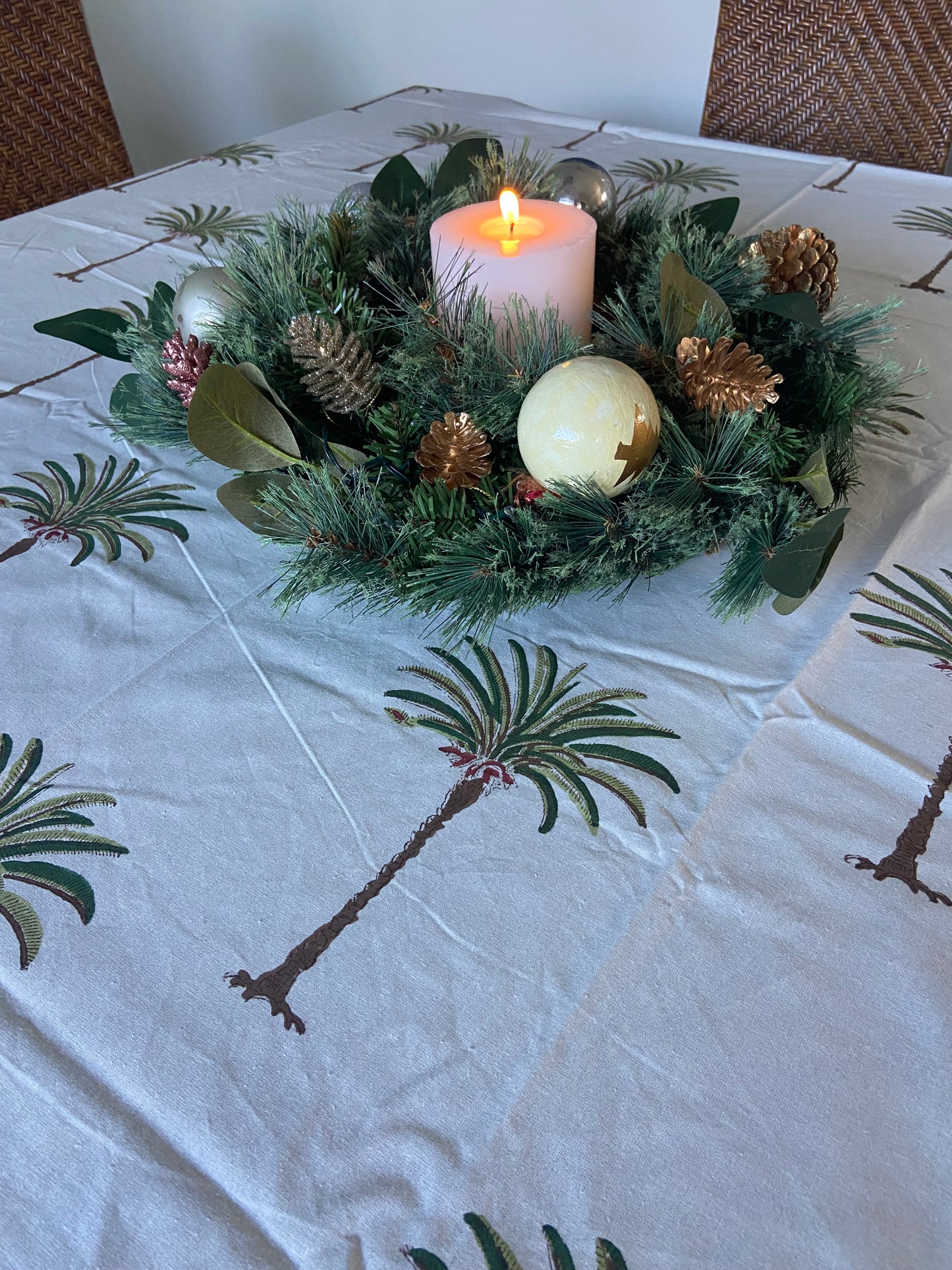 Green Palm Block printed table cloth