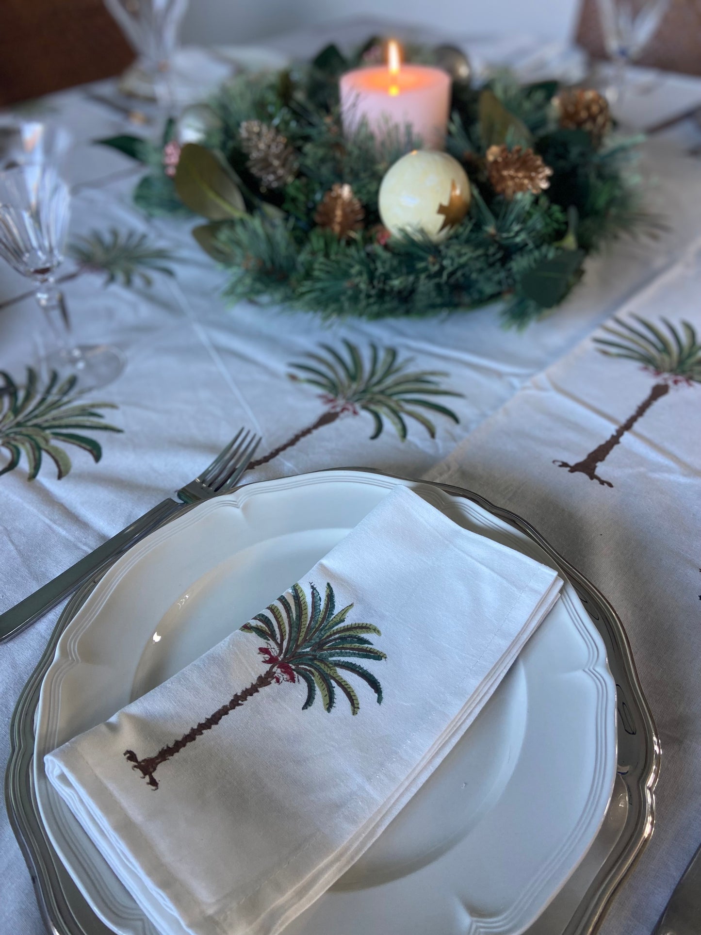 Green Palm Block printed table cloth