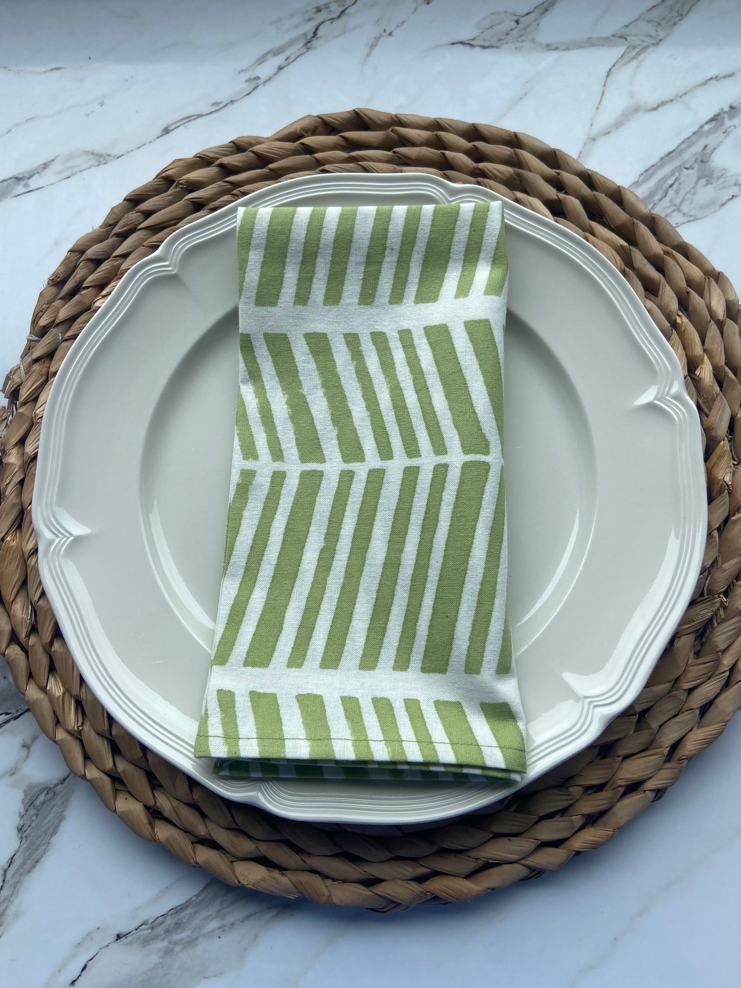 Hand Block Printed Cotton Napkin Green and White Herringbone