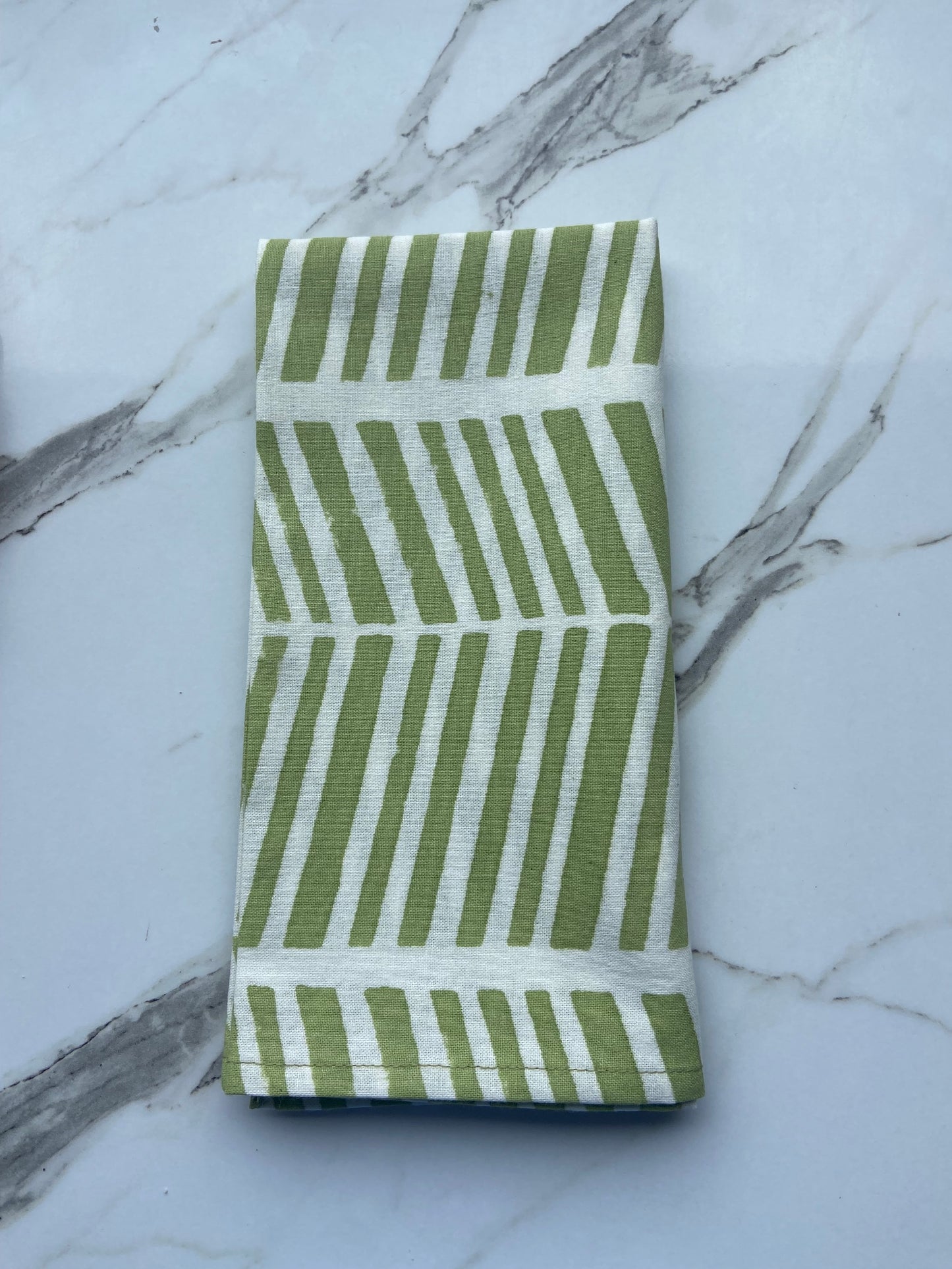 Hand Block Printed Cotton Napkin Green and White Herringbone