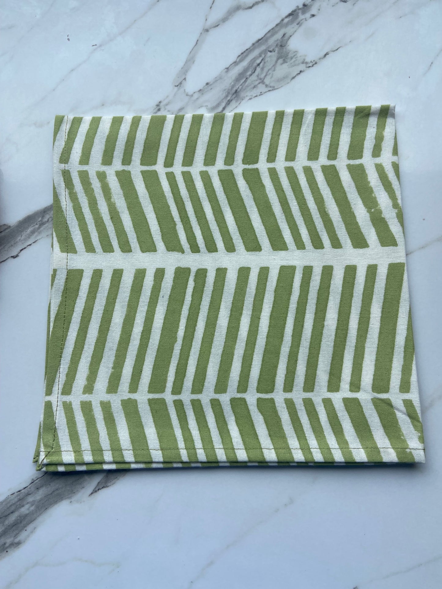 Hand Block Printed Cotton Napkin Green and White Herringbone