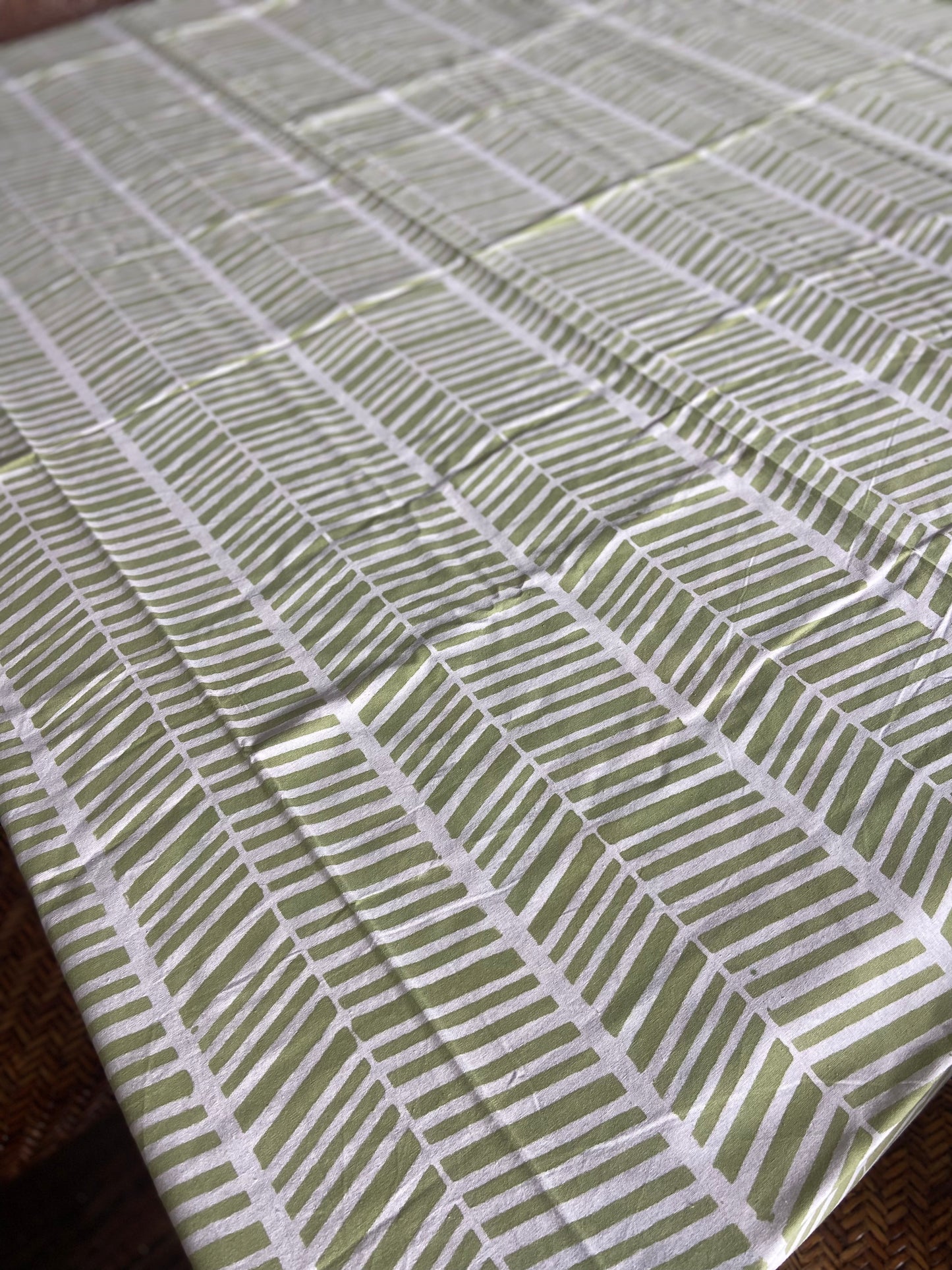 Herringbone Green and White Block Printed Cotton Tablecloth 150 X 220cm