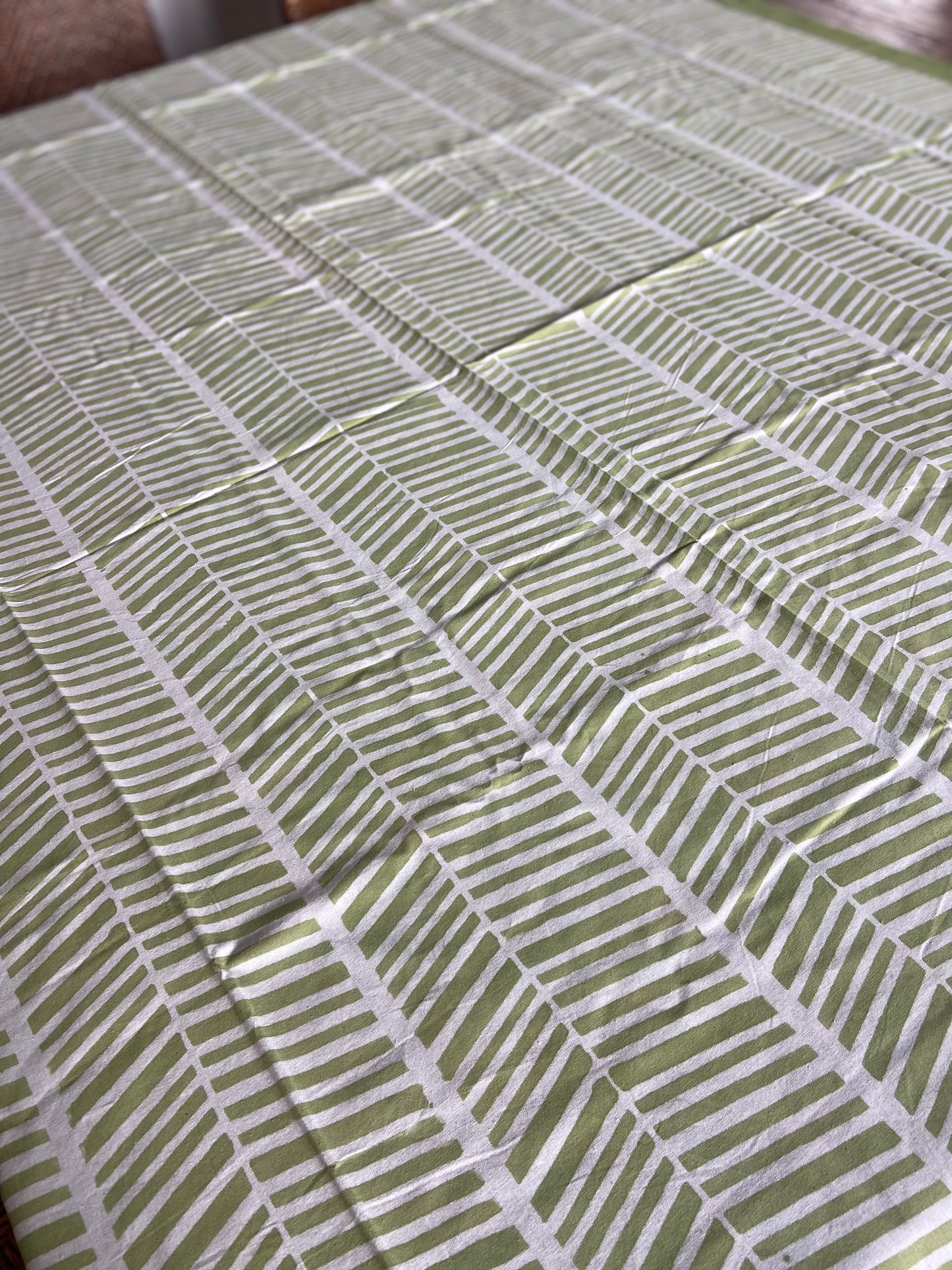 Herringbone Green and White Block Printed Cotton Tablecloth 150 X 220cm