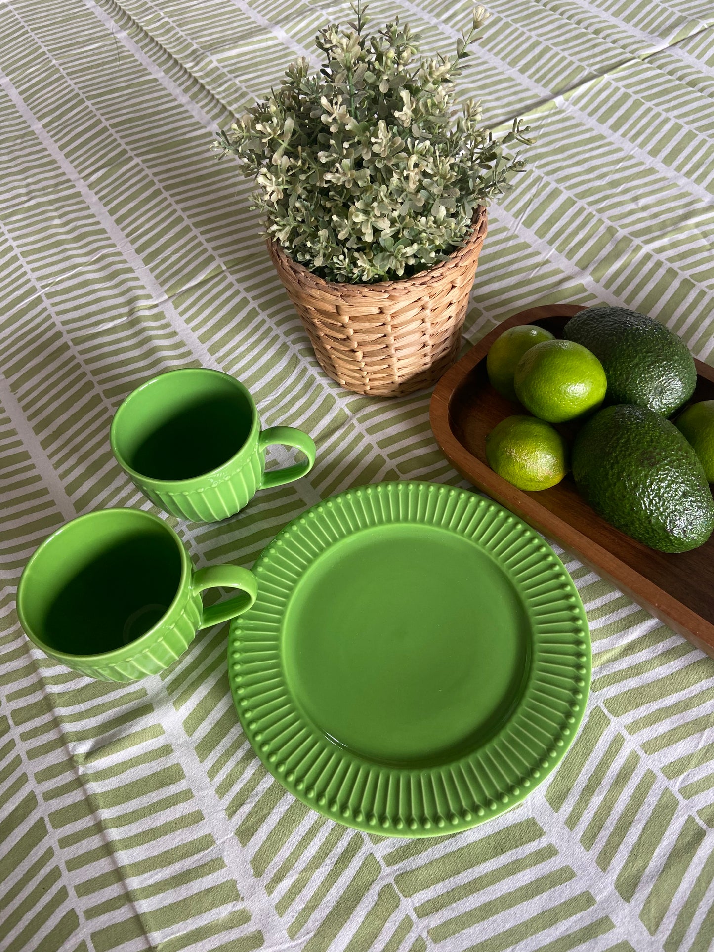 Herringbone Green and White Block Printed Cotton Tablecloth 150 X 220cm