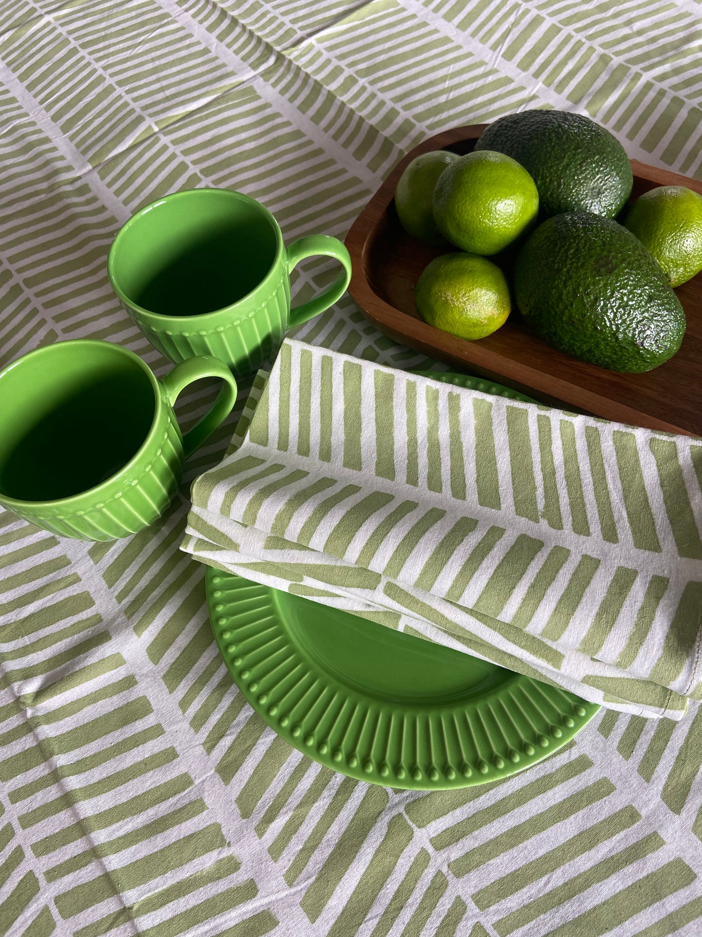 Herringbone Green and White Block Printed Cotton Tablecloth 150 X 220cm