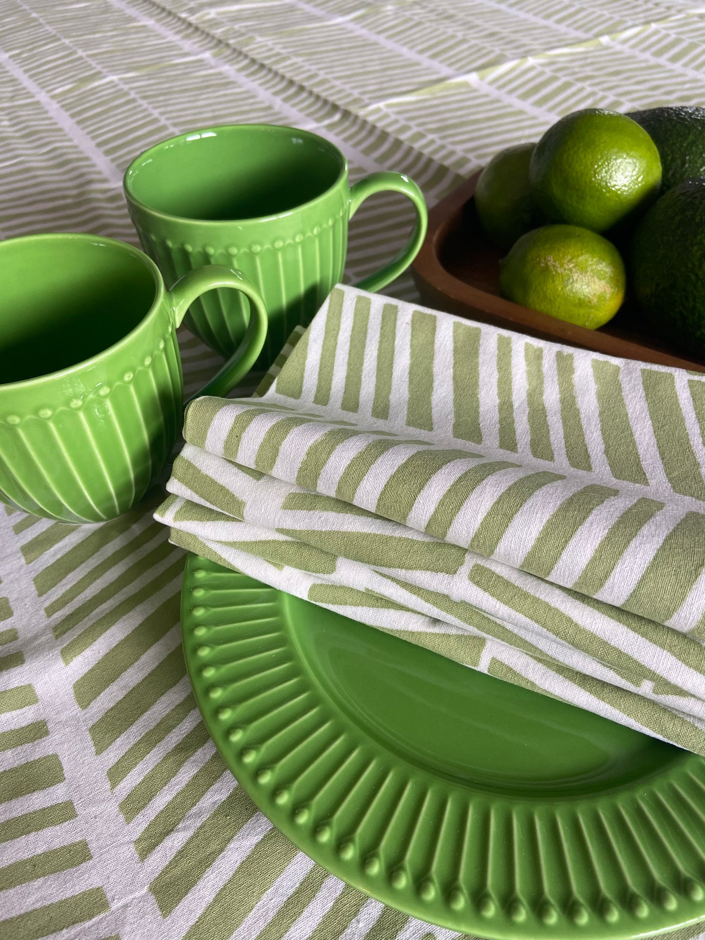 Herringbone Green and White Block Printed Cotton Tablecloth 150 X 220cm