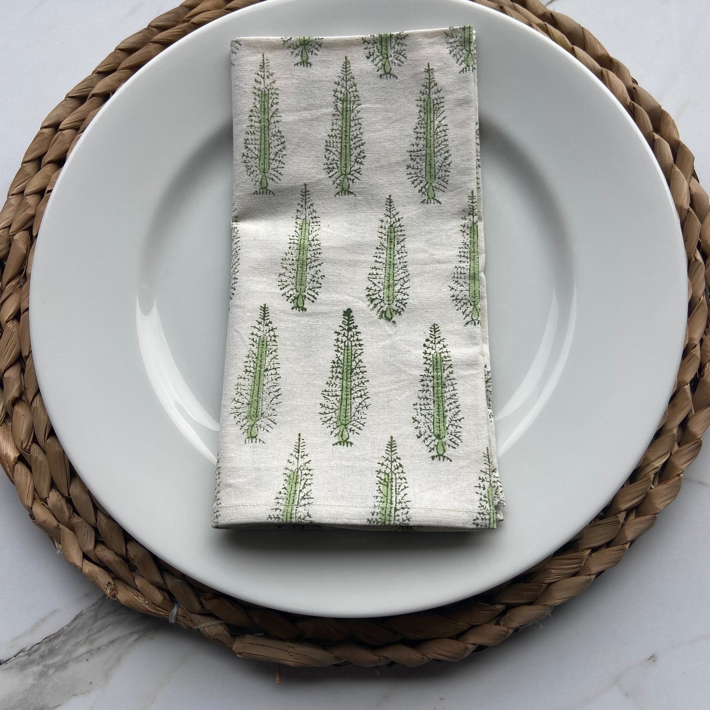 Block Printed Cotton Napkin Tree Green