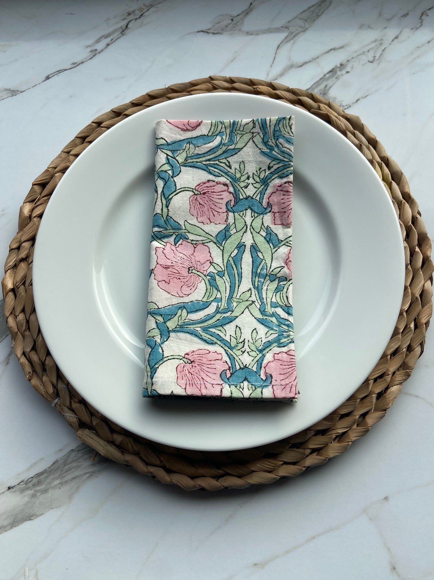 Hand Block Printed Cotton Napkin Bauhaus Pink Flower