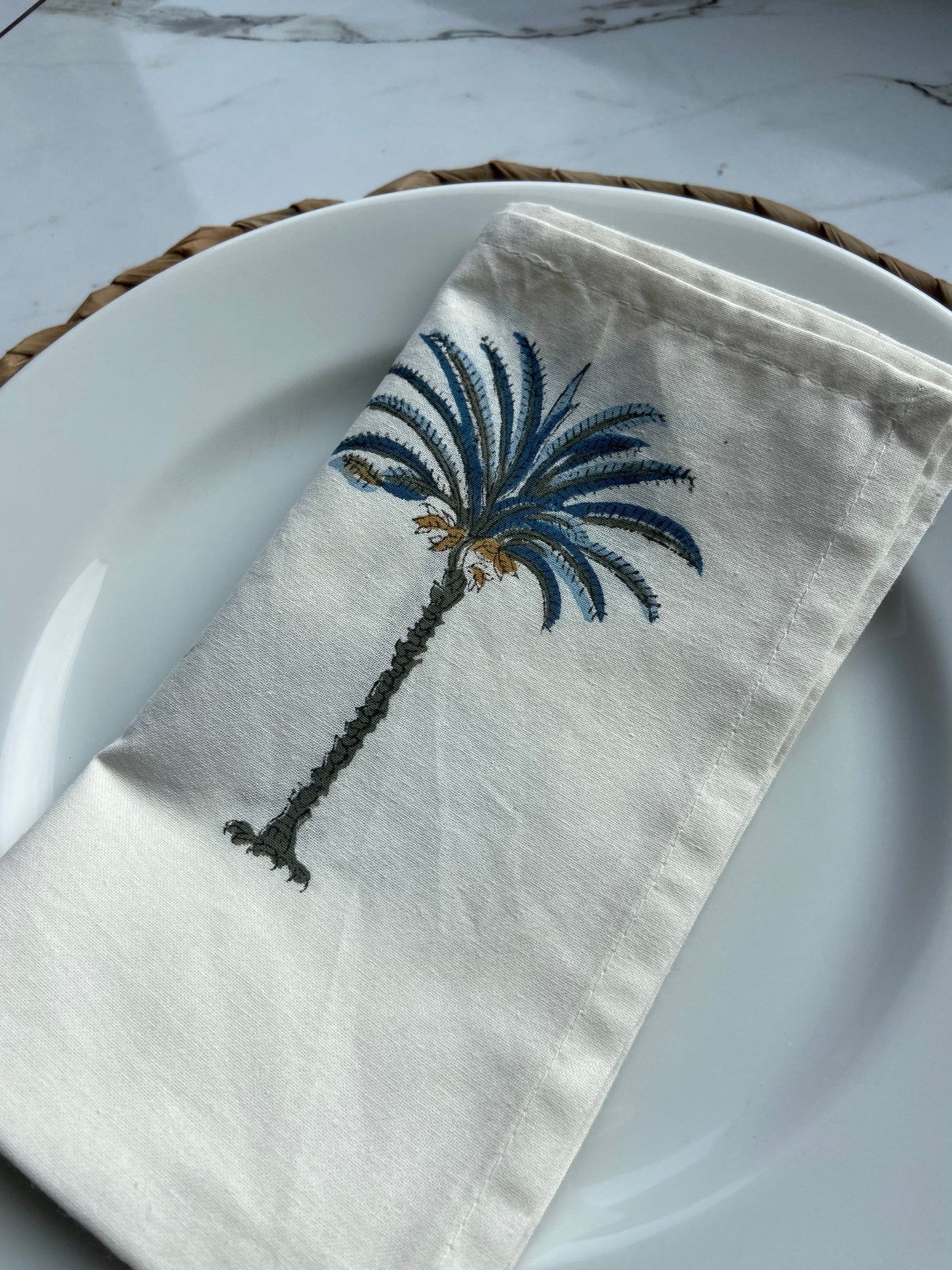 Hand Block Printed Cotton Napkin Palm Tree Blue