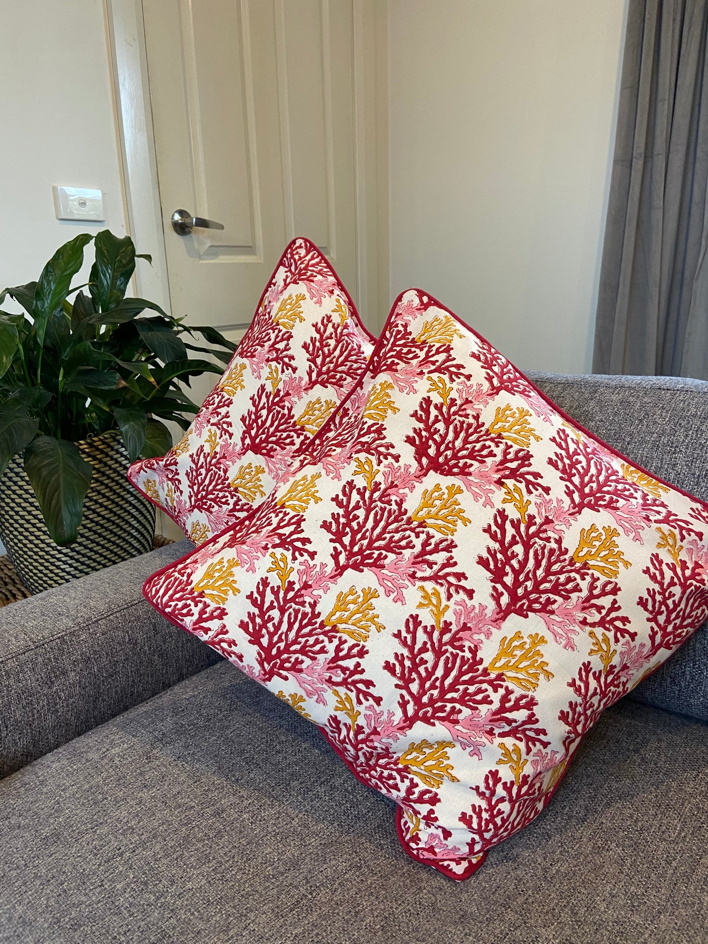 Red Coral Cotton Cushion Cover with piping (50 X 50cm)