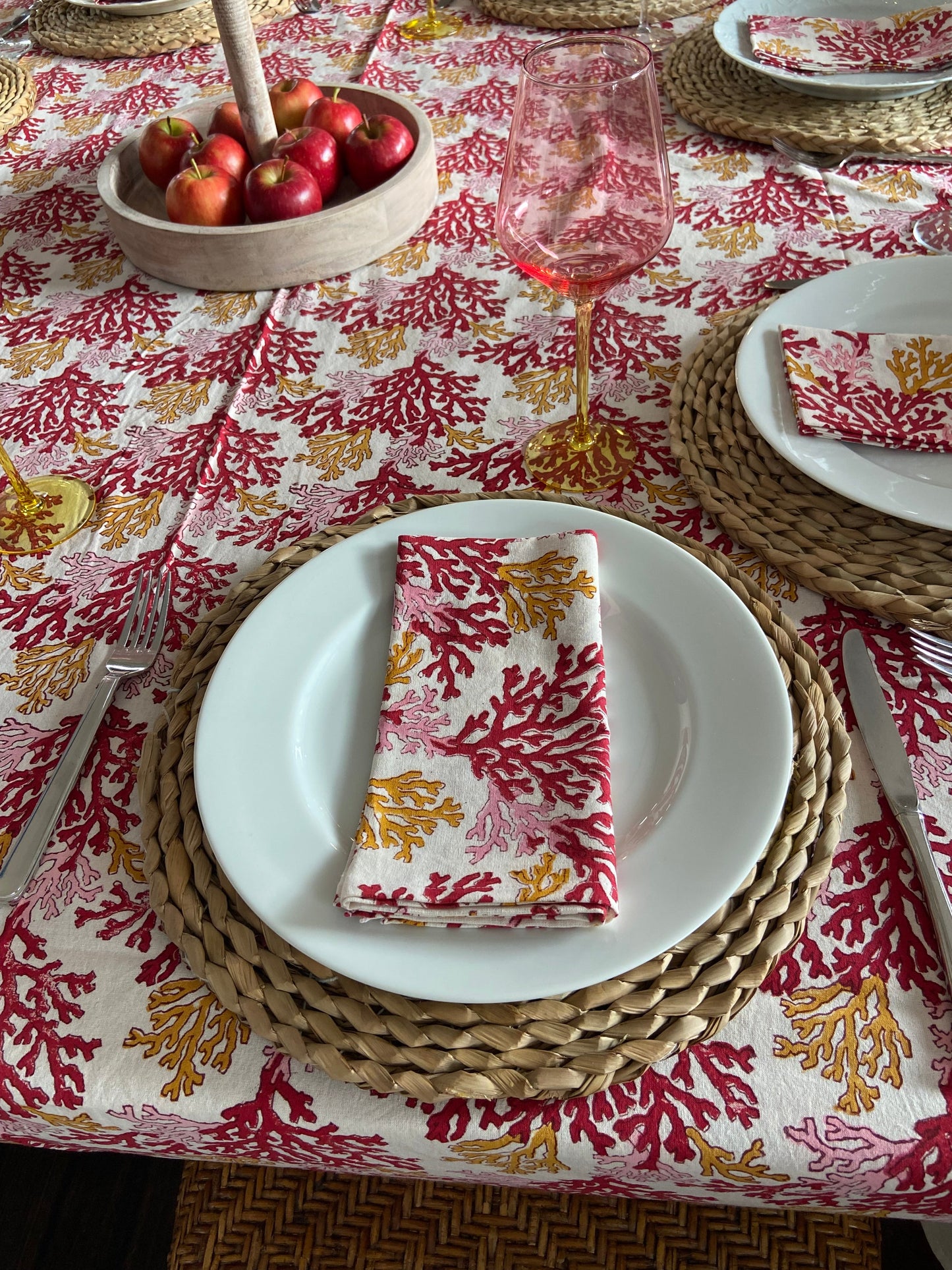 Hand Block Printed Cotton Napkin Coral Multi Red